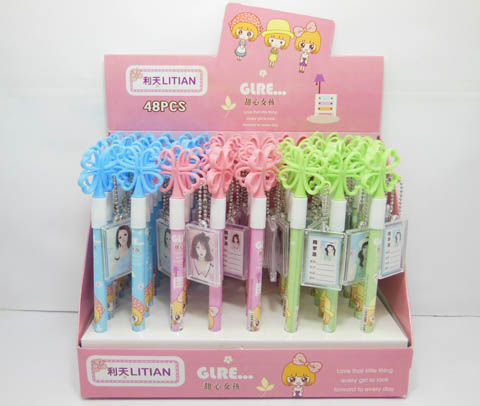48Pcs New Automatic Ball Point Pens Flower Top with Tag Mixed - Click Image to Close