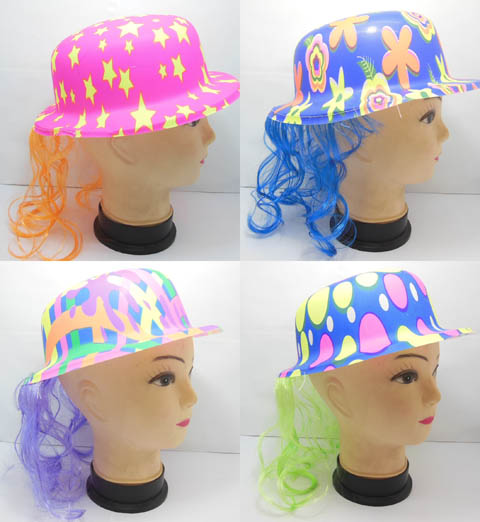 10 New Hat With Wig Costume Prop Party Favor - Click Image to Close