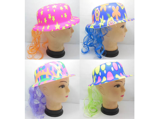 10 New Hat With Wig Costume Prop Party Favor - Click Image to Close