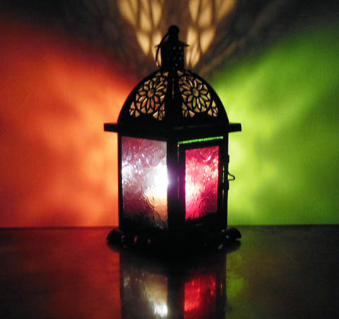 1X Black 4-Sided Colored Glass Candle Lantern - Click Image to Close