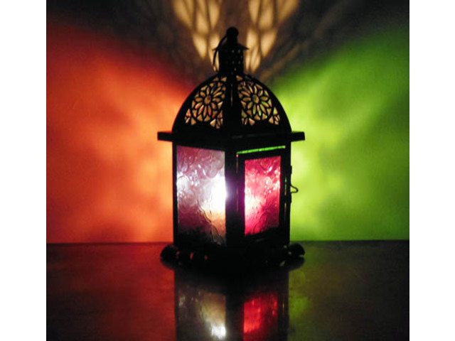 1X Black 4-Sided Colored Glass Candle Lantern - Click Image to Close