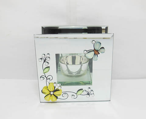 10X Glass Tea Light Holder Yellow Flower Butterfly - Click Image to Close