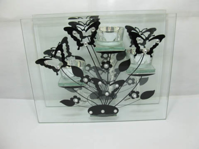 1X Glass Tea Light Holder Triple Holder Butterfly Pattern
