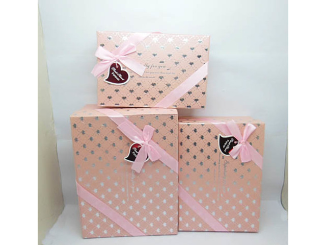 1Set X 3Pcs Nesting Gift Box with Ribbon on Top - Pink - Click Image to Close