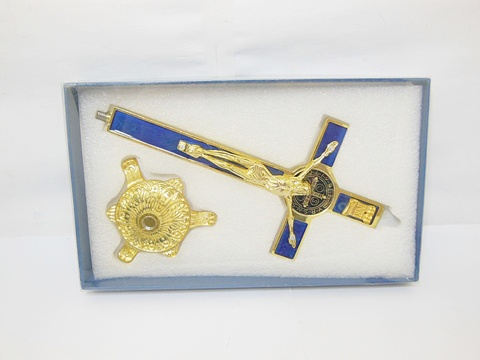 1X Enamel Blue Cross Statue Golden Tone Base with Box - Click Image to Close