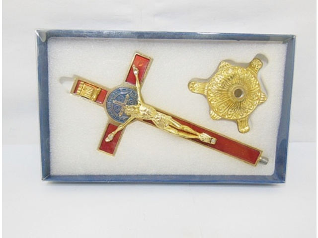 1X Enamel Red Cross Statue Golden Tone Base with Box - Click Image to Close