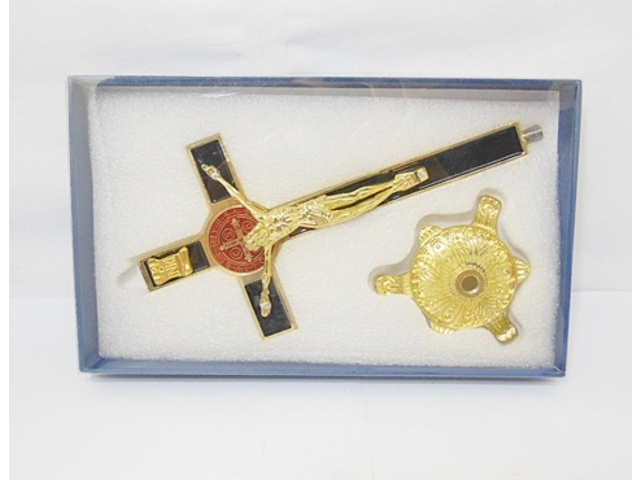 1X Enamel Black Cross Statue Golden Tone Base with Box