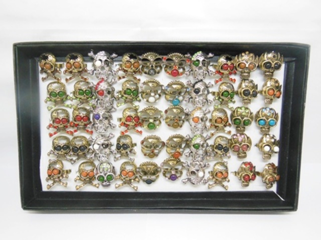 50 Metal Skulls with Stone Fashion Rings Assorted