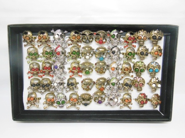 50 Metal Skulls with Stone Fashion Rings Assorted - Click Image to Close