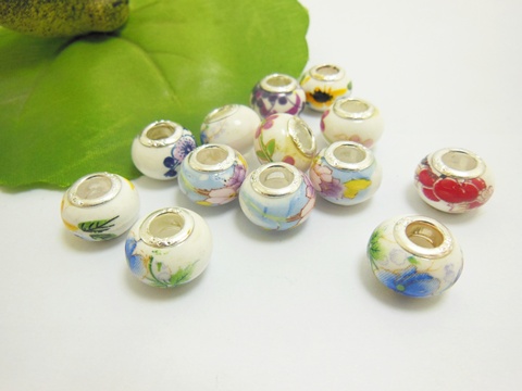 100 Flower Round Glass European Beads Mixed - Click Image to Close