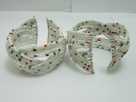 12Pcs Open Ended Bangle Multi Loop Seed Beads Bracelet - White - Click Image to Close
