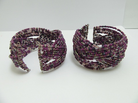 12Pcs Open Ended Bangle Multi Loop Seed Beads Bracelet - Purple - Click Image to Close