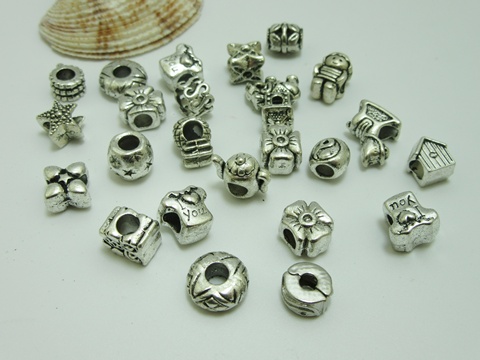 100Pcs New Alloy European Beads No Thread Assorted - Click Image to Close