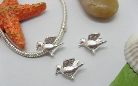 10Pcs Silver Plated Thread Peaceful Dove European Beads - Click Image to Close