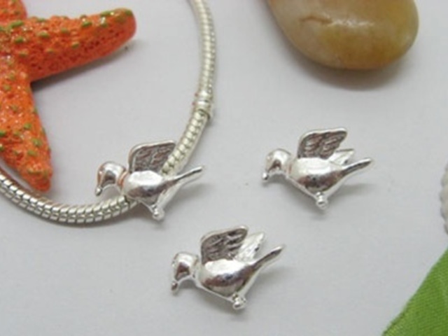 10Pcs Silver Plated Thread Peaceful Dove European Beads - Click Image to Close