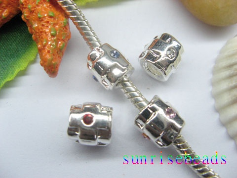 20pcs Silver Barrel Beads Inlay 2 Crystal European Beads - Click Image to Close