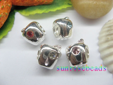 20pcs Silver Apple Beads Inlay 2 Crystal Fit European Beads - Click Image to Close