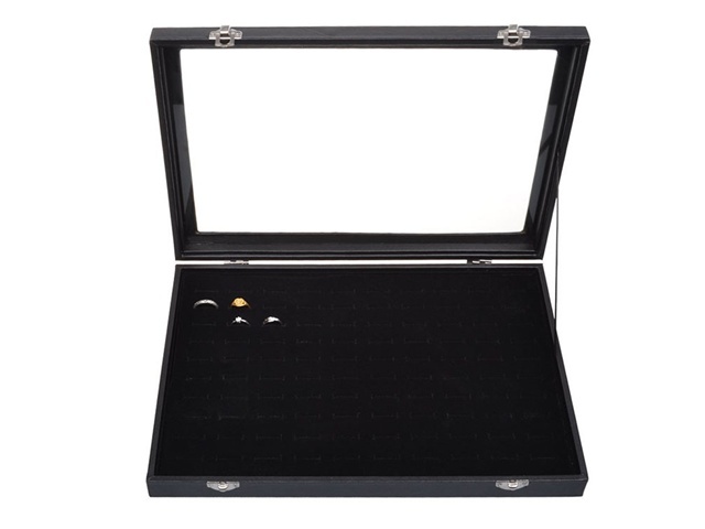 1X New Black Velvet Ring Display Case with Glass Cover