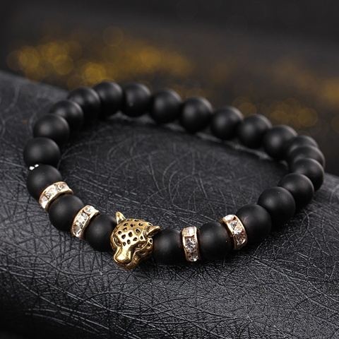 5X New Frost Healing Bead Yoga Bracelet with Golden Leopard Head - Click Image to Close