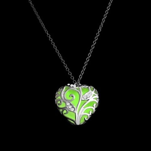 5X Green Glow In the Dark Hollow Heart Fairy Pendant Necklace - Click Image to Close