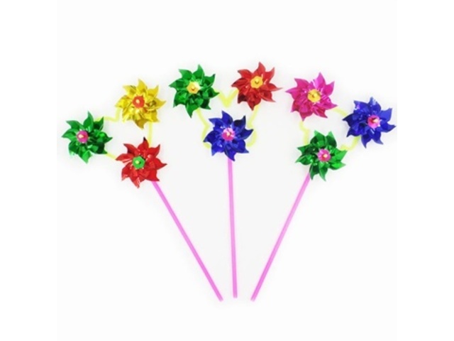 100Sets Plastic Colourful 3 Head Flower Windmill - Click Image to Close