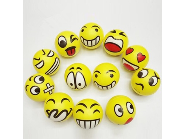 12 Anti-Stress PU Foam Yellow Smile Face Squeeze Reliever Ball - Click Image to Close