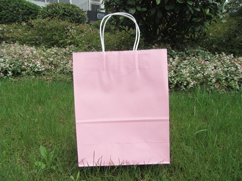 48 Bulk Kraft Paper Gift Carry Shopping Bag 33x26x12cm Pink - Click Image to Close