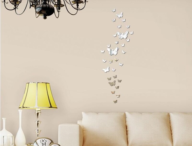 30Pcs Silver 3D Mirror Wall Stickers Butterflies Wall Decal - Click Image to Close