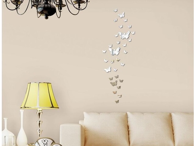 30Pcs Silver 3D Mirror Wall Stickers Butterflies Wall Decal