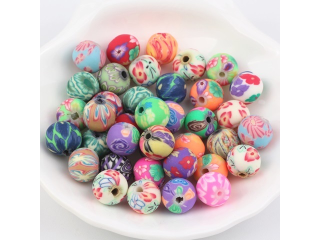 200 Polymer Clay Floral Round Beads 10mm Mixed Colour