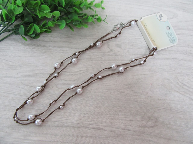12Pcs New Brown Cord Necklace with Pearl Beads - Click Image to Close