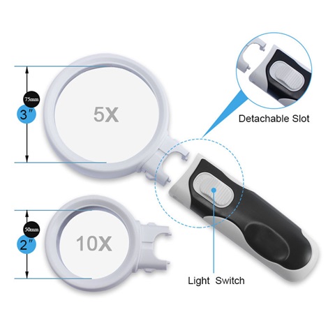 1Pc 2Led Main Lens Interchangeable Type Magnifier 5x 10x - Click Image to Close