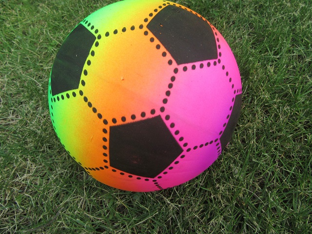 10 Colorful Inflatable Rainbow Football Bouncing Balls 22cm Dia. 10 Colorful Inflatable Rainbow Football Bouncing Balls 22cm Dia.