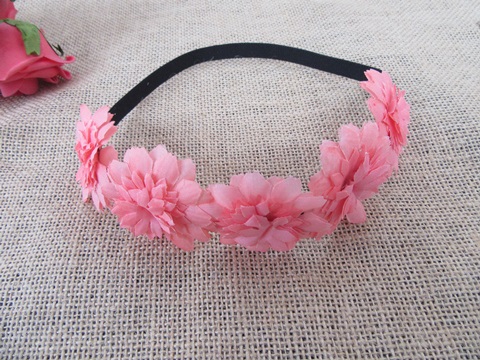 12Pcs Pink Elastic Head Band with Flower 5cm dia - Click Image to Close