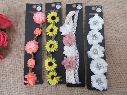 12Sheets Floral Elastic Head Band with Flower Various - Click Image to Close