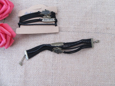 12Pcs Fashion Multi Layer Leatherette Cord Bracelets Retail Pack - Click Image to Close