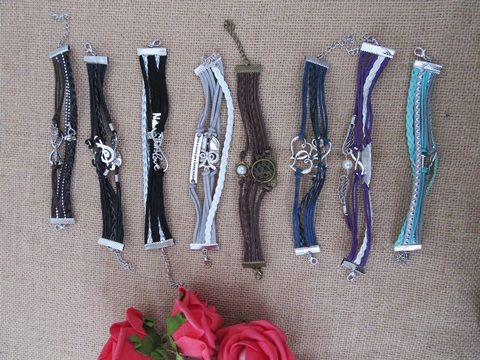 12Pcs Various Design Leatherette Cord Knitted Bracelets W/Clasp - Click Image to Close