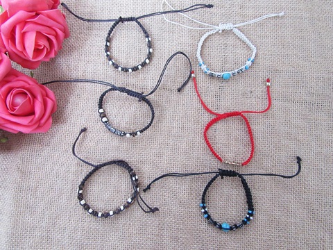 60Pcs Handmade Cord Knitted Drastring Bracelets w/Bead Wholesale - Click Image to Close