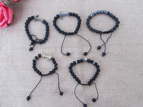 12Pcs Black Gemstone Beaded Drawstring Bracelets Assorted - Click Image to Close