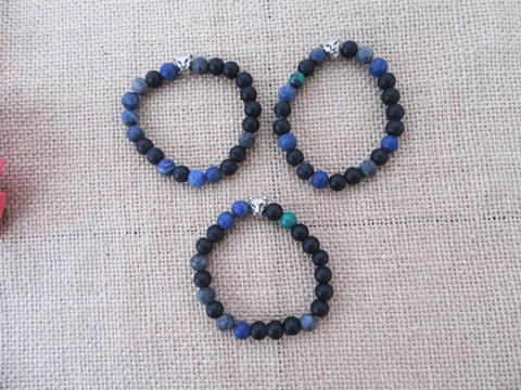 12Pcs Elastic Blue & Black Gemstone Beaded Bracelets - Click Image to Close