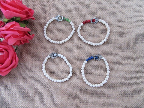12Pcs White Elastic Gemstone Beaded Bracelets with Hand Bead - Click Image to Close