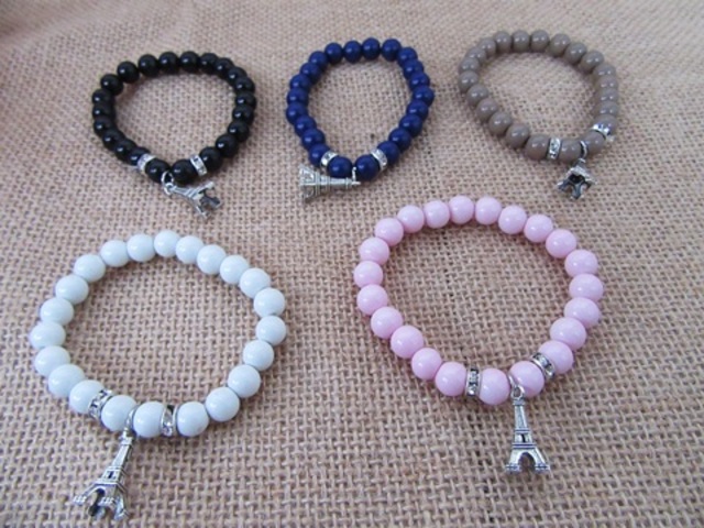 12Pcs Elastic Gemstone Beaded Bracelets w/Eiffel Tower Charm