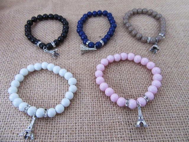 12Pcs Elastic Gemstone Beaded Bracelets w/Eiffel Tower Charm - Click Image to Close