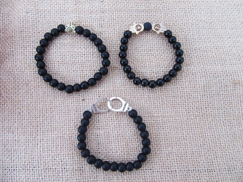 12Pcs Black Elastic Gemstone Beaded Bracelets with Metal Beads - Click Image to Close