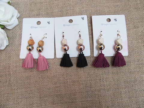 12Pairs Leather Tassle Drop Earring Mixed Retail Package - Click Image to Close