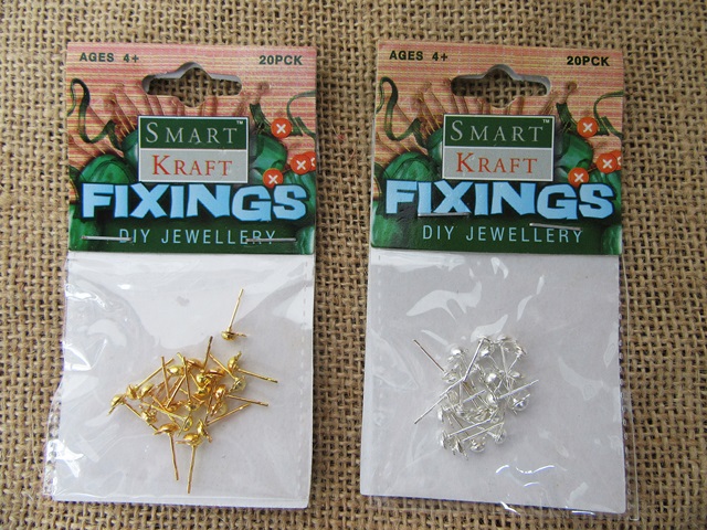 12Sheets X 20Pcs Metal Earring Stud Posts Golden Silver Color - Click Image to Close