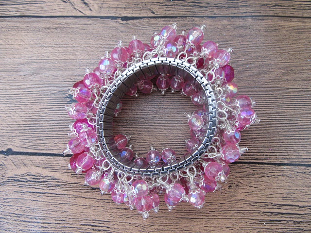 6Pcs Metal Bangle Bracelet with Pink Glass Beads - Click Image to Close