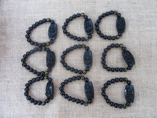 10Pcs Elastic Black Gemstone Rock Stone Bracelet 12mm Bead - Click Image to Close