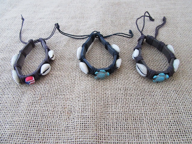 12Pcs Leatherette Drawstring Bracelets with Shell Tortoise Charm
