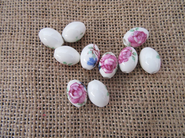 5x10Pcs Oval Lampwork Procein Beads Flower Pattern 15x12mm - Click Image to Close